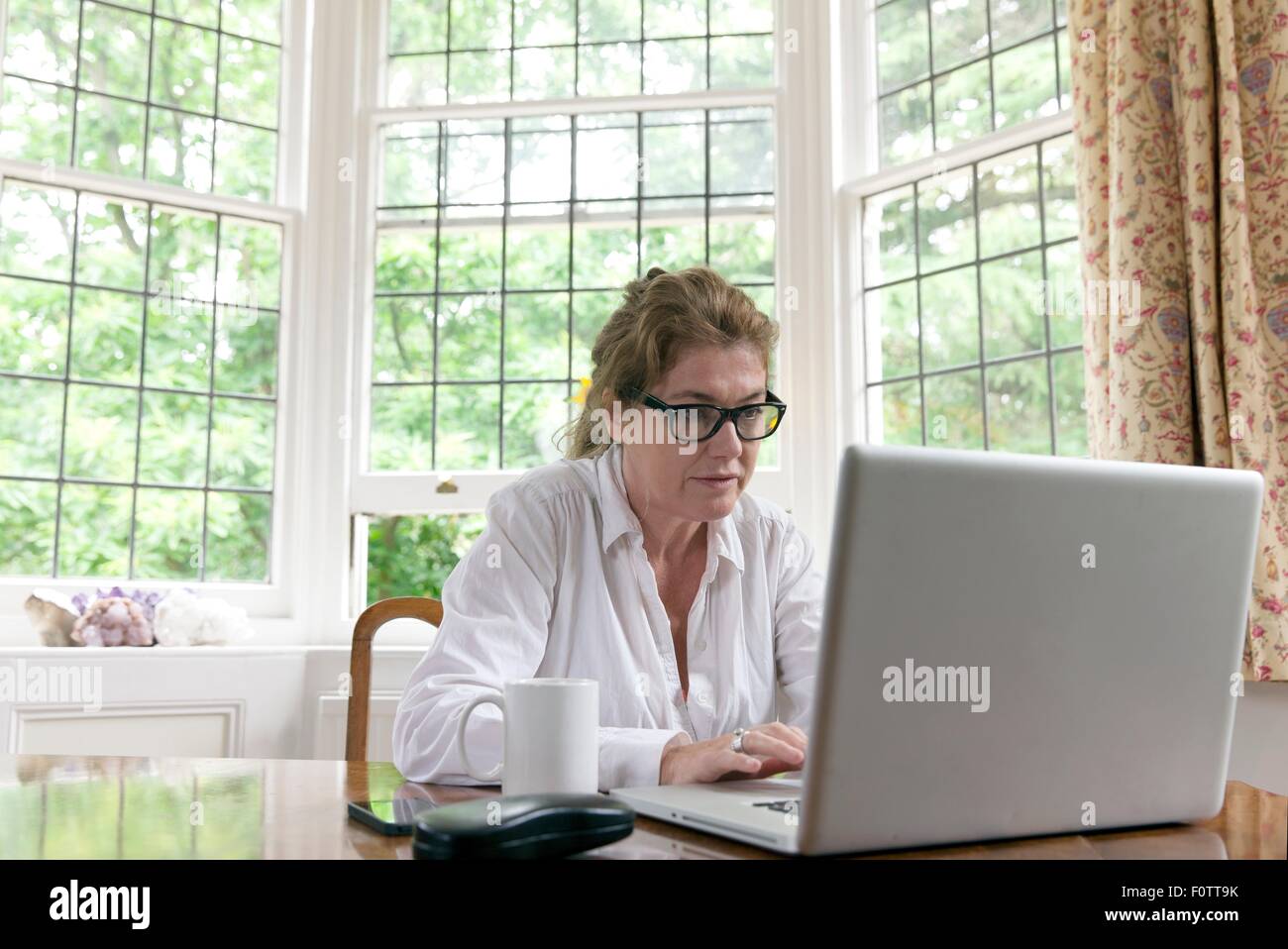 Reife Frau, die Arbeiten am Laptop im Wohnzimmer Stockfoto