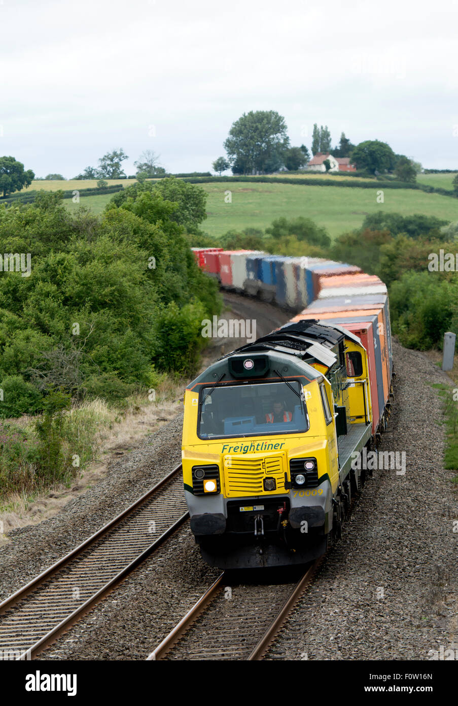 Klasse 70 Diesellok ziehen einen Freightliner Zug an Knightcote, Warwickshire, UK Stockfoto