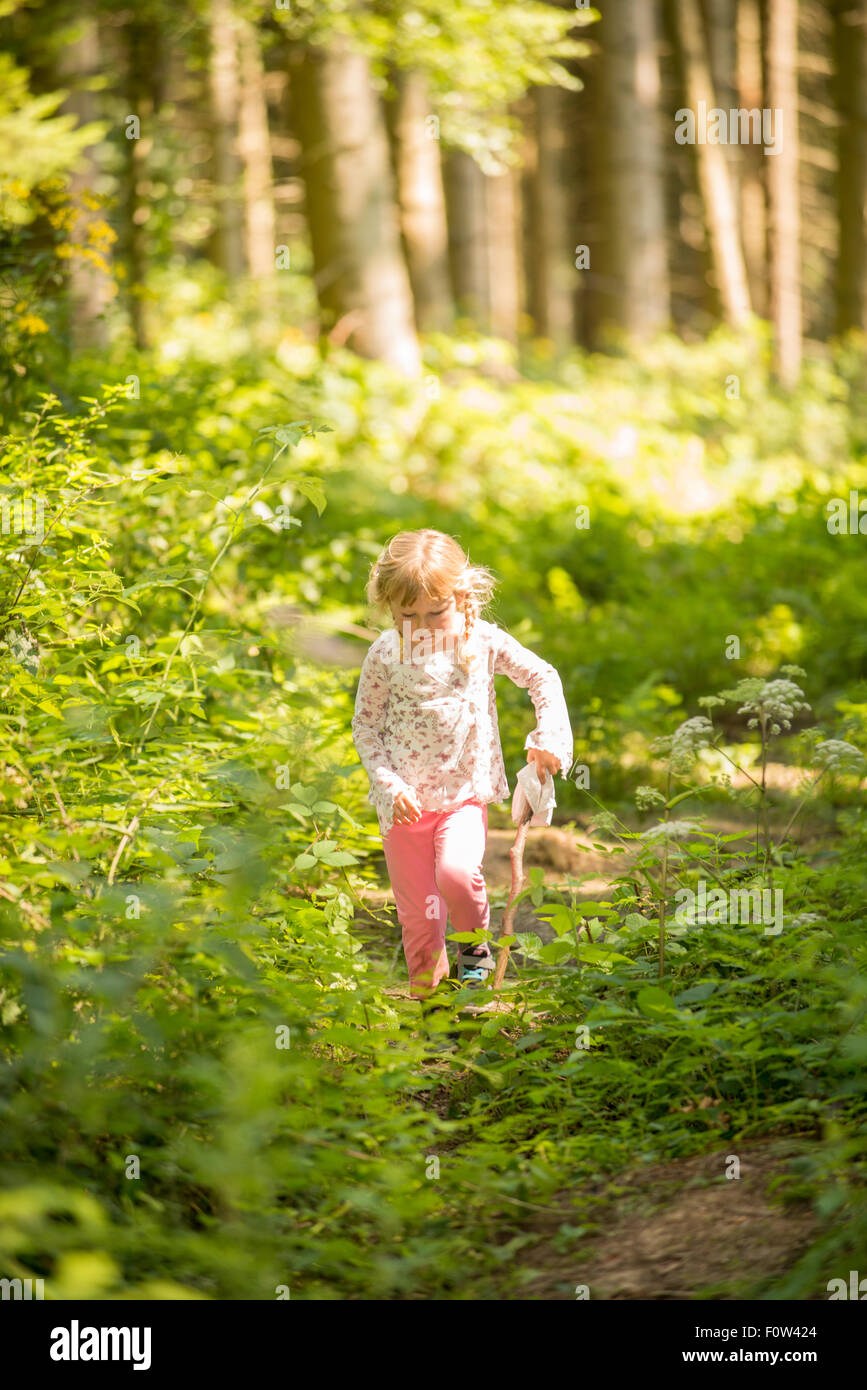 Kleines Mädchen im Wald von 4-7 Jahren Stockfoto