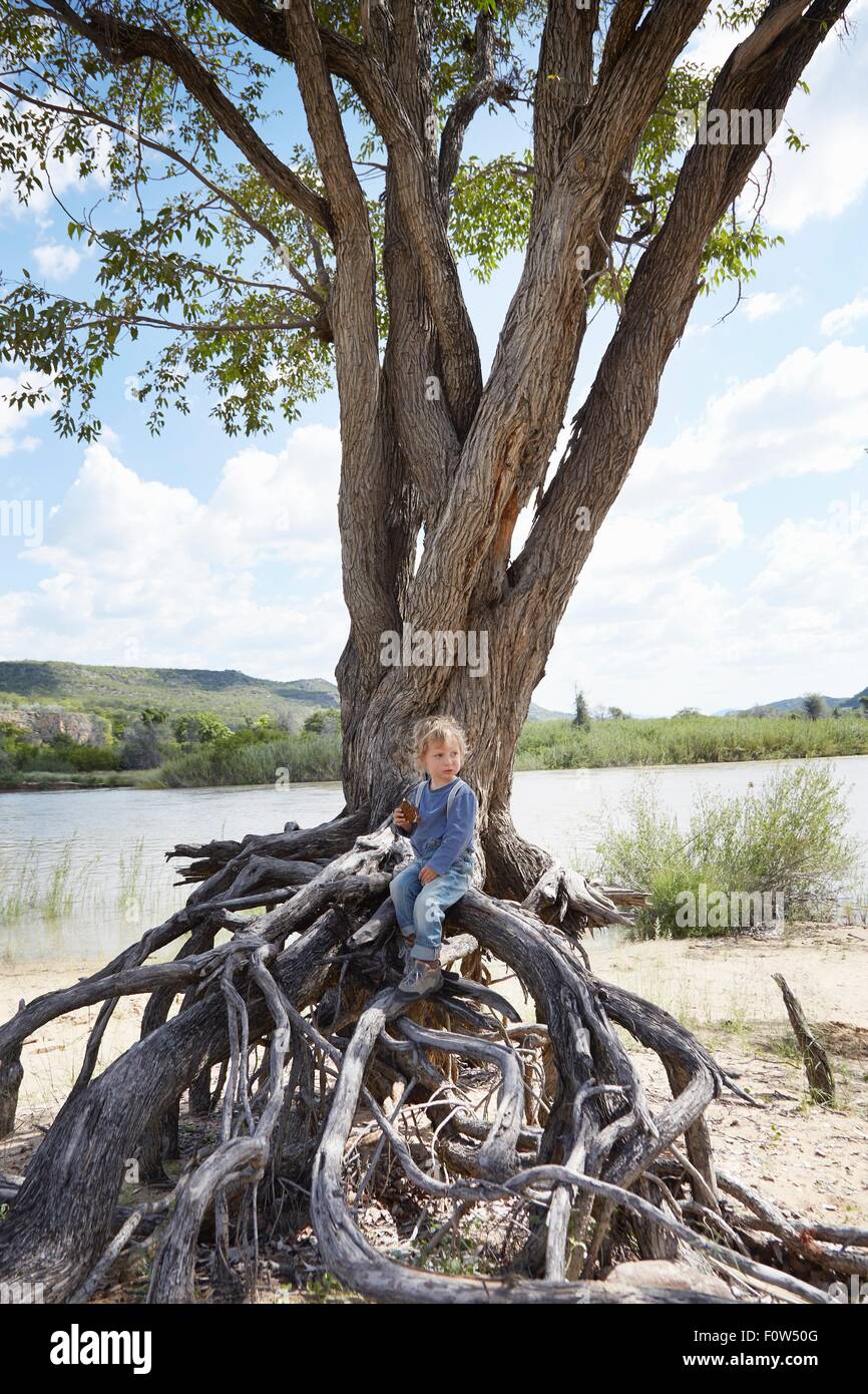 Kleiner Junge sitzt auf den Wurzeln des Baumes, Ruacana, Owamboland, Namibia Stockfoto