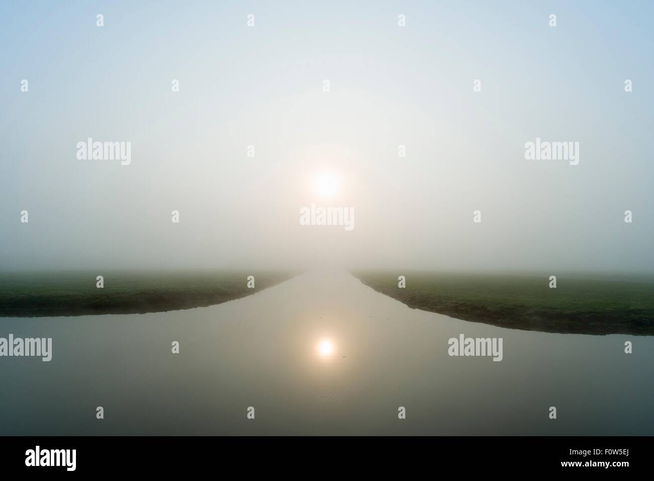 Polder oder Deich bei Sonnenaufgang, Waarder, Südholland, Niederlande Stockfoto
