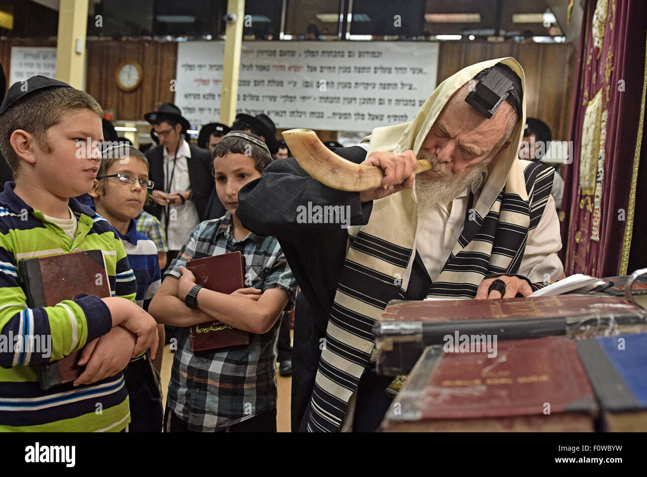 Eine sehr religiöse jüdische Rabbiner weht ein Schofar - Widderhorn - am Morgen-Dienste vor dem neuen Jahr. In Brooklyn, New York Stockfoto