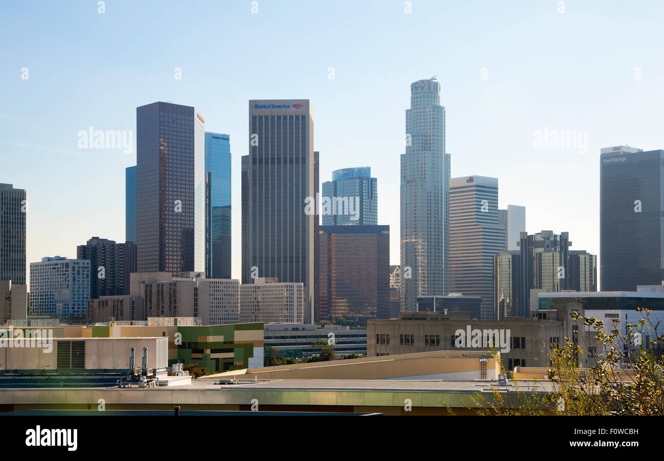Skyline von Downtown Los Angeles, Tag, aus Nordwest, Blick nach Südosten, 2014. Stockfoto