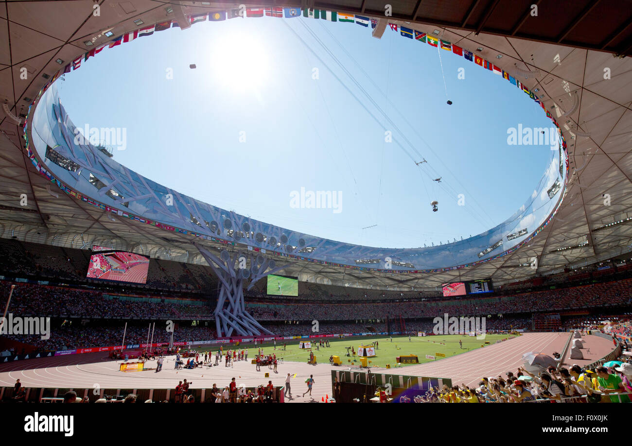 Peking, China. 22. August 2015. Ghirmay Ghebreslassie (C, unten) von Eritrea betritt das Nationalstadion, auch bekannt als Vogelnest, auf seinem Weg, die Männer-Marathon-Rennen während der 15. International Association of Athletics Federations (IAAF) Leichtathletik-Weltmeisterschaft in Peking, China, 22. August 2015 zu gewinnen. Foto; Christian Charisius/Dpa/Alamy Live News Stockfoto