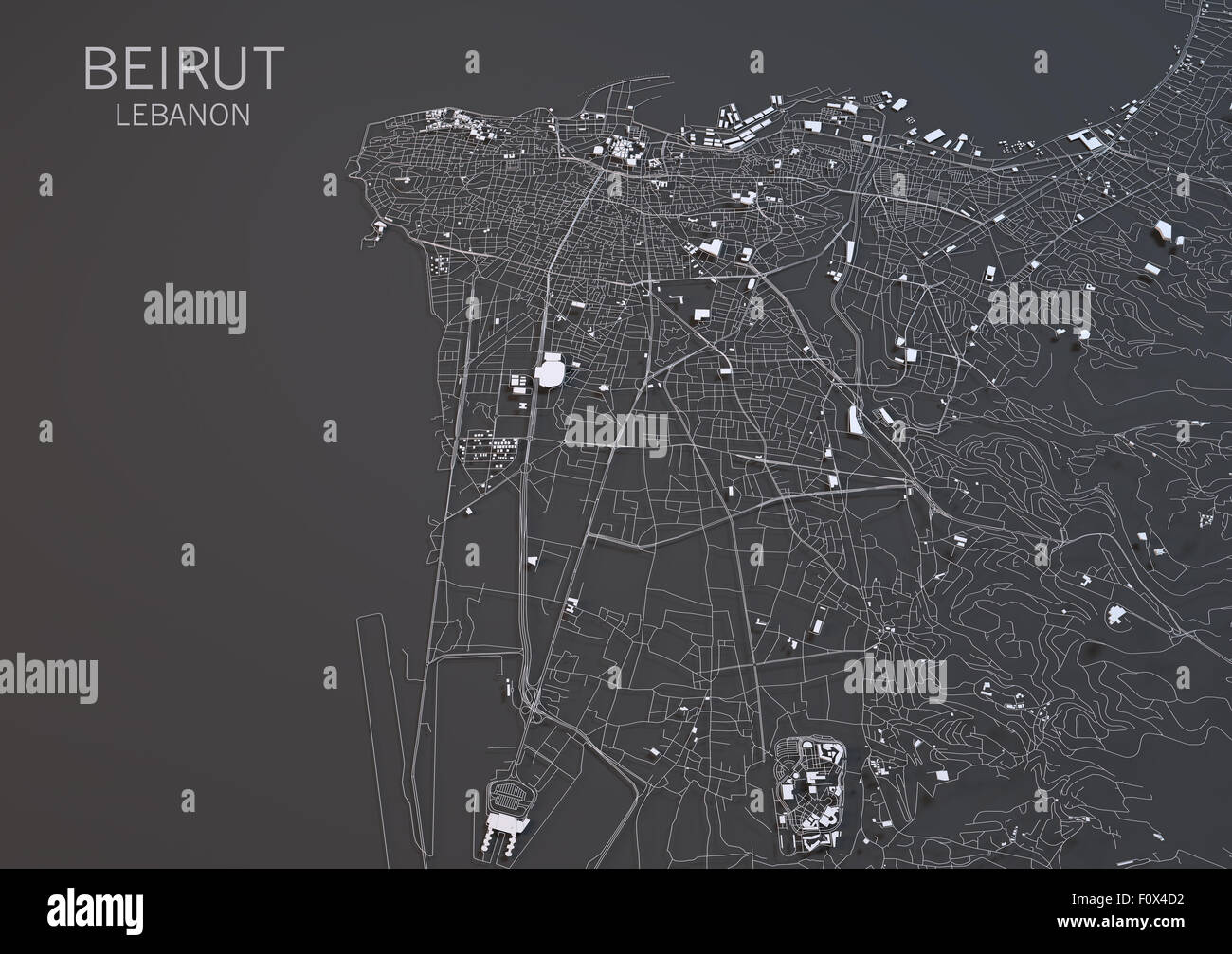 Karte von Beirut, Libanon, Satellitenansicht, Karte in 3d. Schwarz