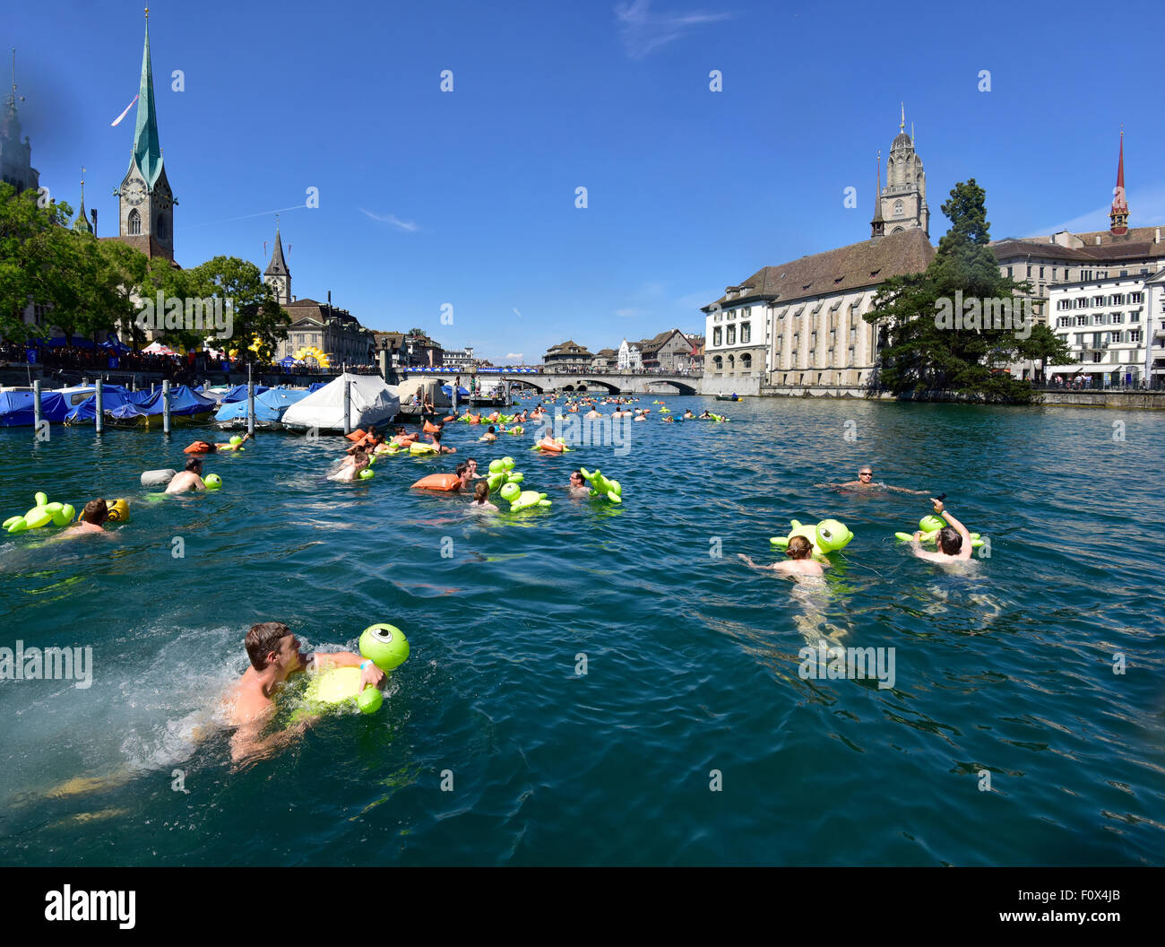 Zürich, Schweiz. 22. August 2015. Sonniges Wetter und warmen Temperaturen  am Zürcher traditionelle "Limmatschwimmen" (schwimmen auf dem Fluss Limmat)  angezogen 4500 Schwimmer, die, ausgestattet mit Kautschuk Schildkröten und  andere schwimmende Geräte ...