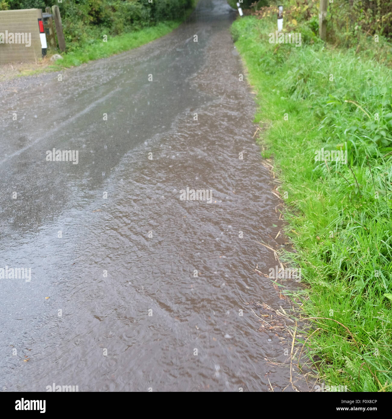 Titley, Herefordshire, England. 22. August 2015. Nach einem sehr heißen und feuchten Wetter herabgebracht ein Sommergewitter sintflutartigen Regen am Titley Herefordshire am 18:15 verursacht Überschwemmungen auf viele Feldwege, die Kanalisation fehlt. Stockfoto