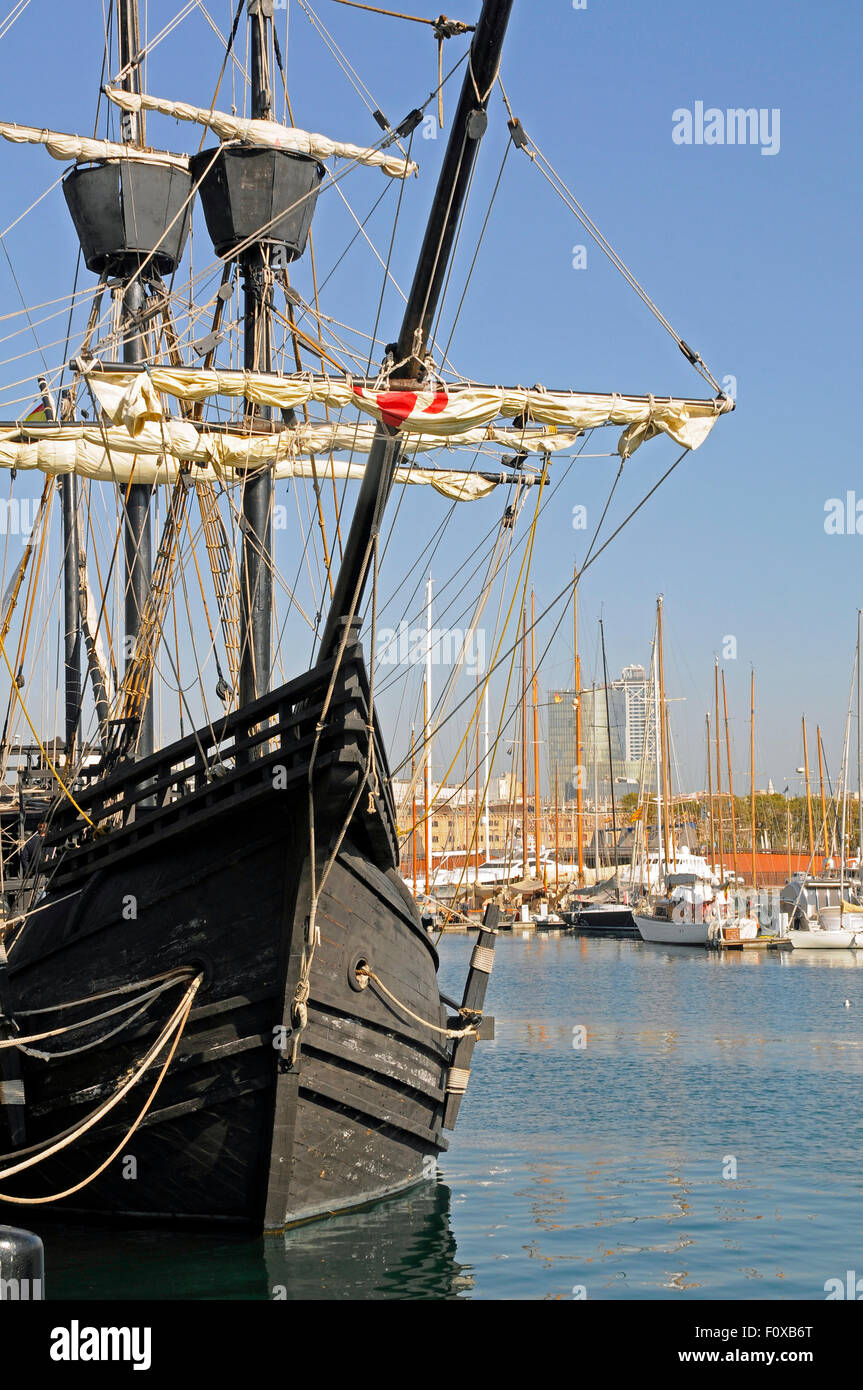 Nao Victoria, restauriert 16. Jahrhundert Schiff in Port Vell, Barcelona Spanien günstig Stockfoto
