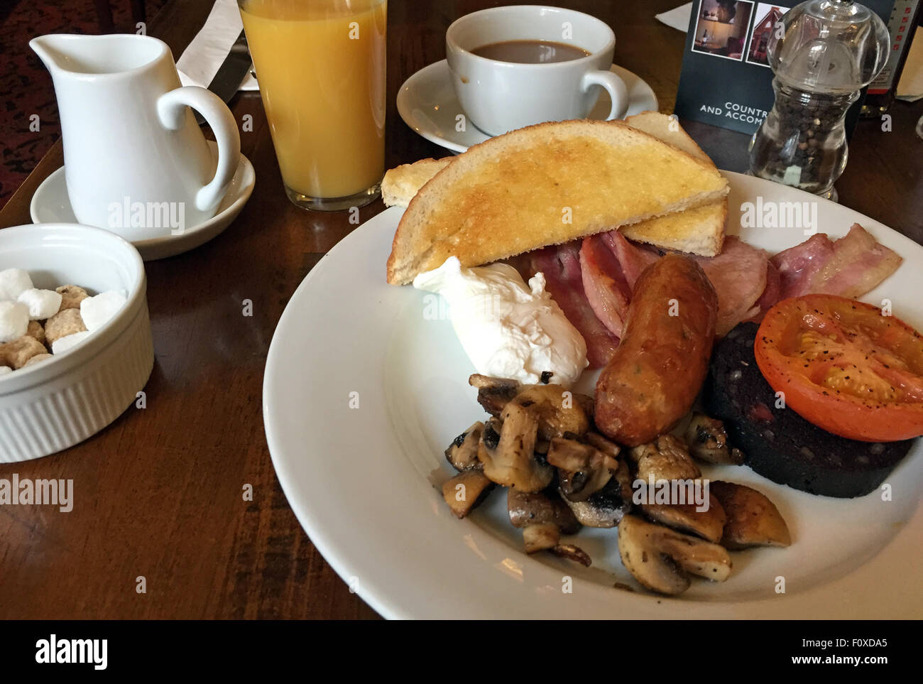 Traditionelles komplettes englisches Frühstück, Eier, Wurst, Speck, Black Pudding, Toast, Pilz aus einem fettigen Löffel Cafe - britisches warmes Frühstück Stockfoto