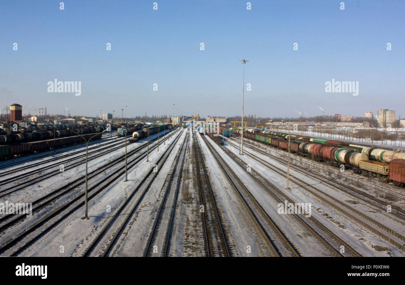 Rangierbahnhof im Winter, Sankt Petersburg. Stockfoto