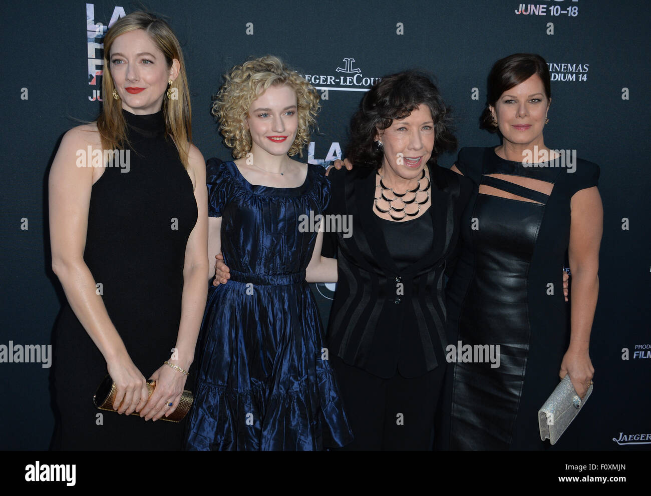 LOS ANGELES, CA - 11. Juni 2015: Judy Greer, Julia Garner, Lily Tomlin & Marcia Gay Harden bei der Premiere ihres Films "Oma", der ersten Filmsequenz des Los Angeles Film Festival, auf dem Regal Kino LA Live. Stockfoto