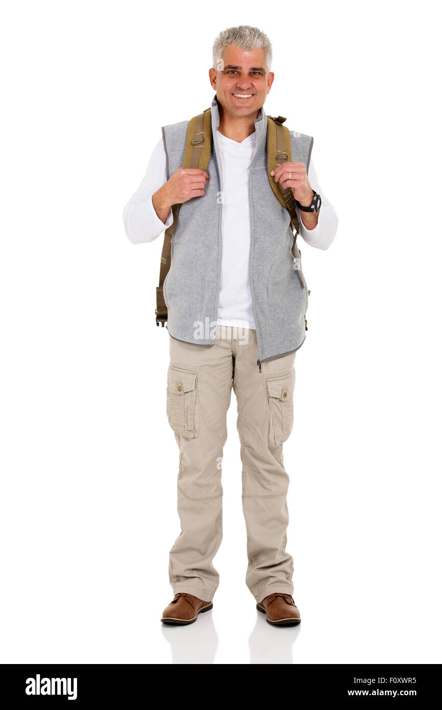 lächelnd Mitte im Alter Wanderer mit Rucksack auf weißem Hintergrund Stockfoto