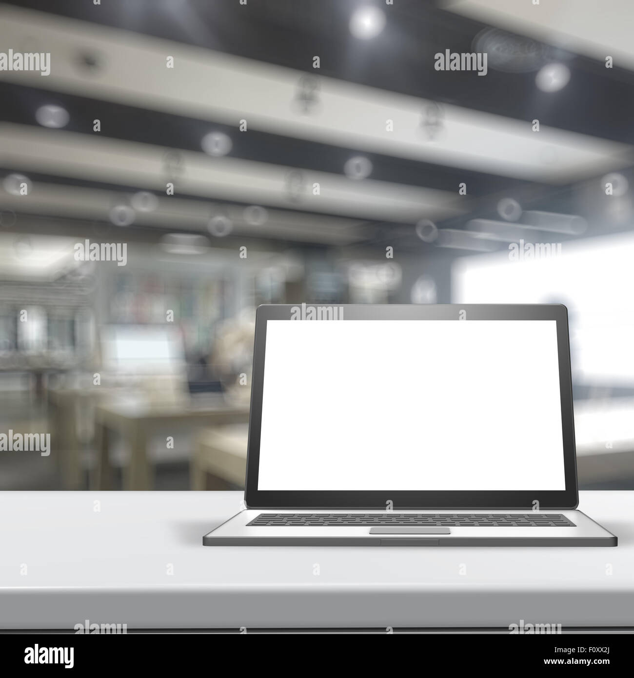 3D Laptop-Computer mit leeren Bildschirm auf Laminat, Tisch und unscharfen Hintergrund Stockfoto