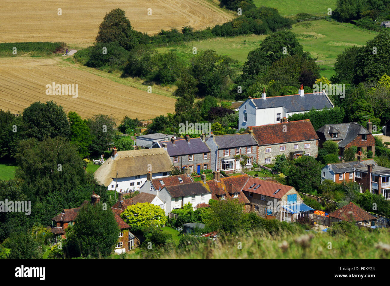 Dorf von Fulking von South Downs Way gesehen Stockfoto