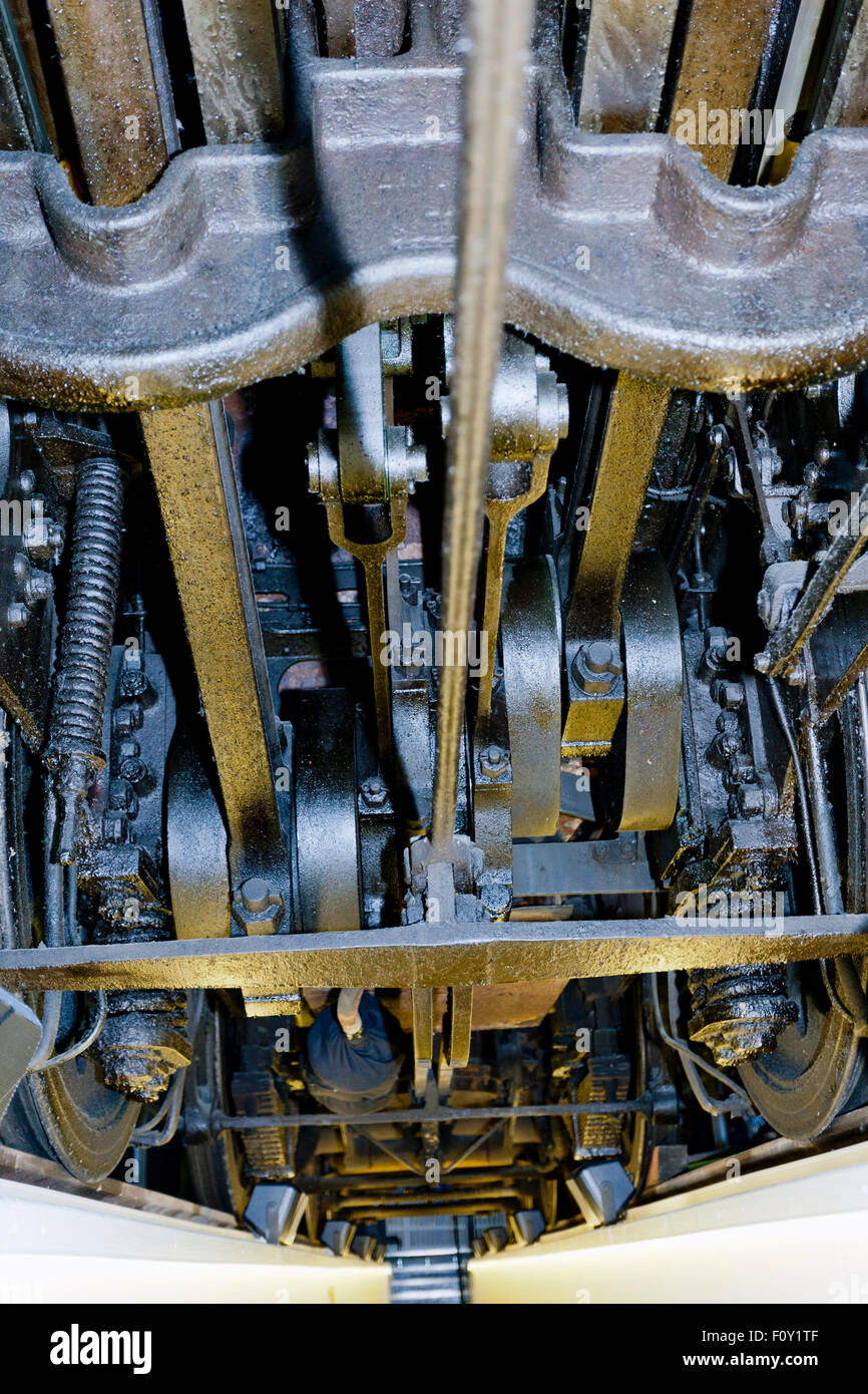 Die Unterseite der Dampflok aus einer Inspektion Grube im National Railway Museum, York, England, UK Stockfoto