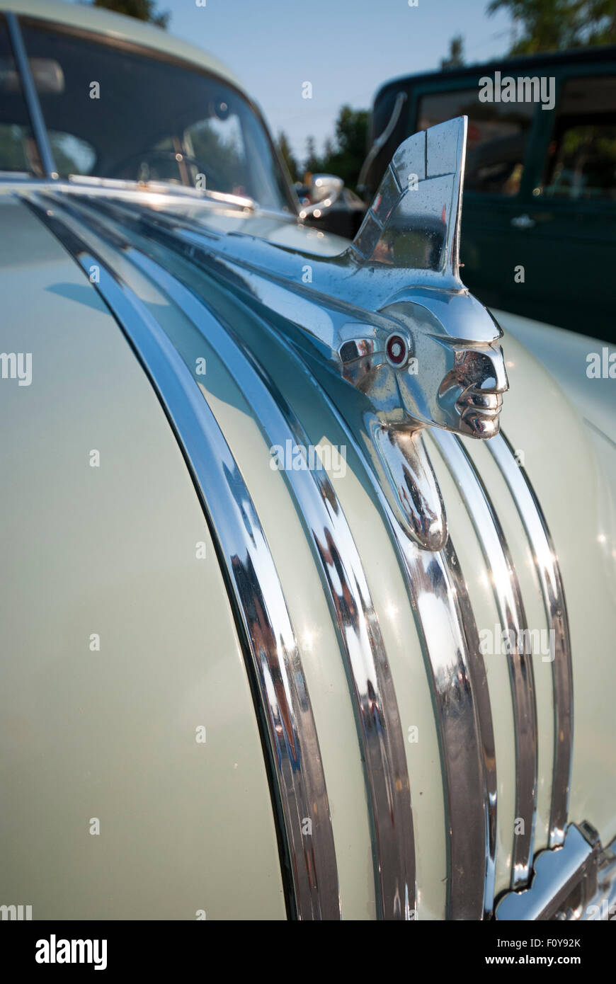 Eine Nahaufnahme eines Chrom-Kapuzenschmucks der amerikanischen Ureinwohner auf einem alten 1951 Pontiac Chief Stockfoto