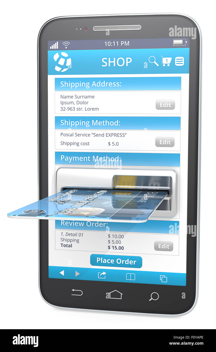 Smartphone mit Kredit-Karten-Slot. Web-Shop mit blauen Checkout-Seite. Stockfoto