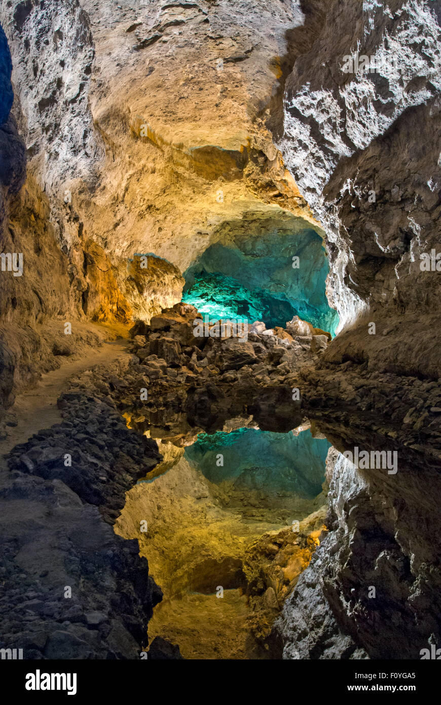 Cueva de Los Verdes, vulkanische Höhle Pool mit perfekten optischen Pool Spiegelbild, Lanzarote Cueva de Los Verdes, vulkanische Höhle Pool mit perfekten optischen Pool Spiegelbild, Lanzarote