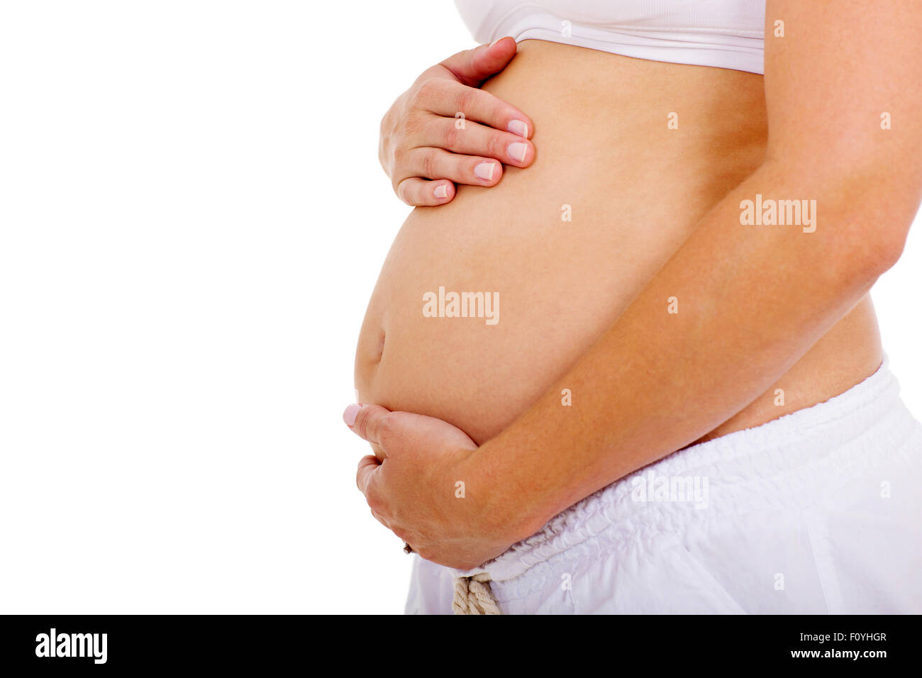 Nahaufnahme von schwangere Frau zeigt ihren Bauch Stockfoto