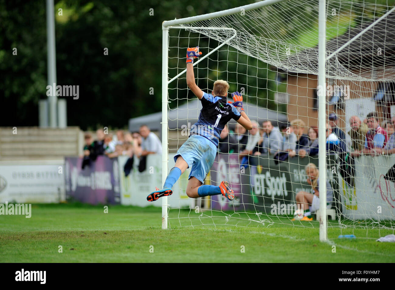 Sherborne, England. 23. August 2015. Charlotte Haynes taucht um ein Villa-Freistoß für Yeovil Damen in der Damen-Super-League-Spiel zwischen Yeovil Town Damen FC V Aston Villa Damen FC The Jones Stadium zu stoppen. Bildnachweis: David Partridge / Alamy Live News Stockfoto