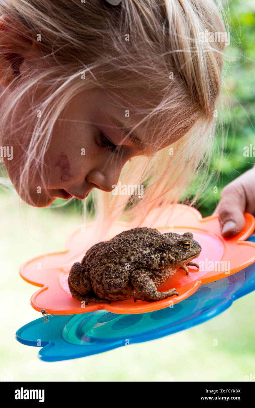 Kind blondes Mädchen Blick auf Hinterhof Frosch Stockfoto