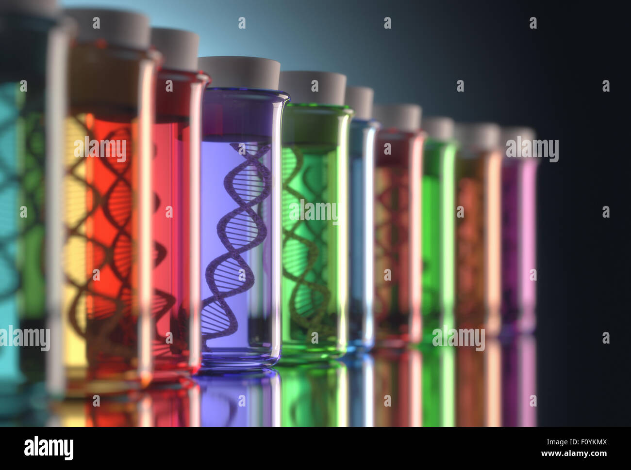 Farbige Reagenzgläser mit genetischen Codes im Inneren. Konzept der kopieren "und" genetische Veränderung. Stockfoto