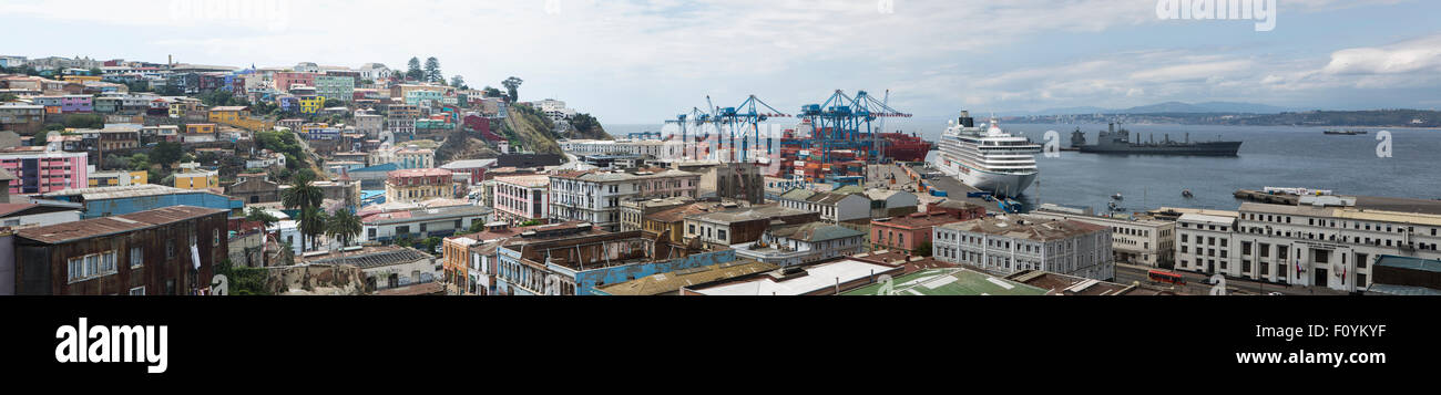 Hafen, Hügeln und Docks Panorama, Valparaiso, Chile Stockfoto