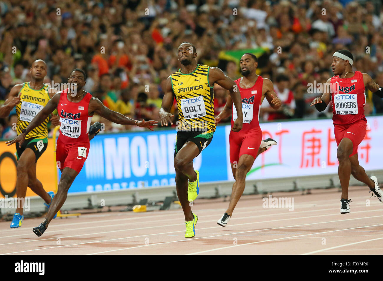 Peking, China. 23. August 2015. (L, R) Asafa Powell (JAM), Justin Gatlin (USA), Usain Bolt (JAM), Tyson Gay, Mike Rodgers (USA) Leichtathletik: 15. IAAF World Championships in Athletics Beijing 2015 Männer 100m-Finale im Beijing National Stadium in Peking, China. Bildnachweis: YUTAKA/AFLO SPORT/Alamy Live-Nachrichten Stockfoto