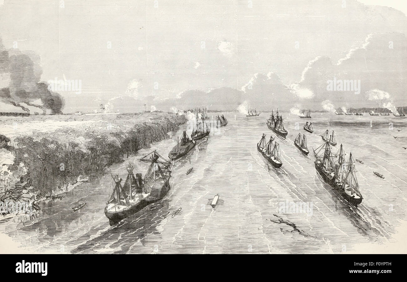 Die große Seeschlacht von der Mississippi - ersten Tag Bombardierung - Bundes Schoner aus Häfen Jackson und St. Philip, Kommandeur der Passage des Flusses Stockfoto