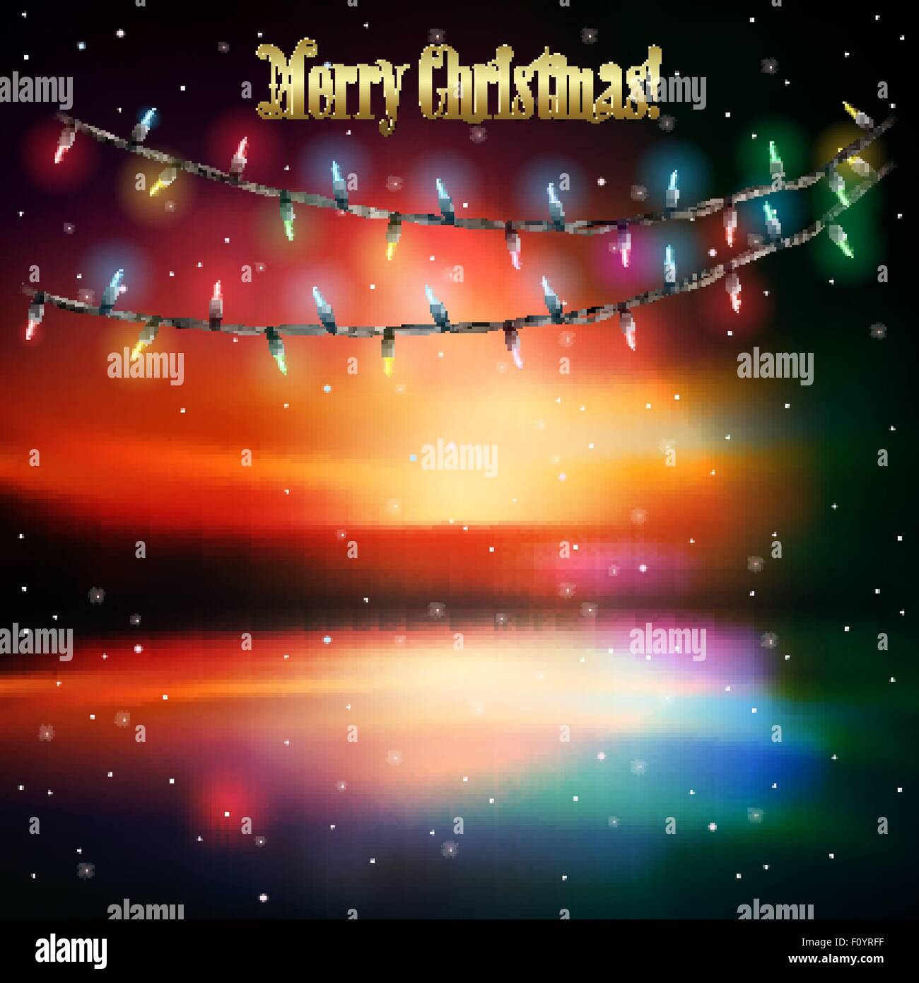 Abstrakter Sonnenaufgang Hintergrund mit Weihnachtsbeleuchtung und Sterne Stock Vektor