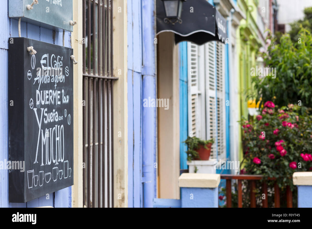 Bunte Häuser, Cerro Alegre, Valparaiso, Chile Stockfoto