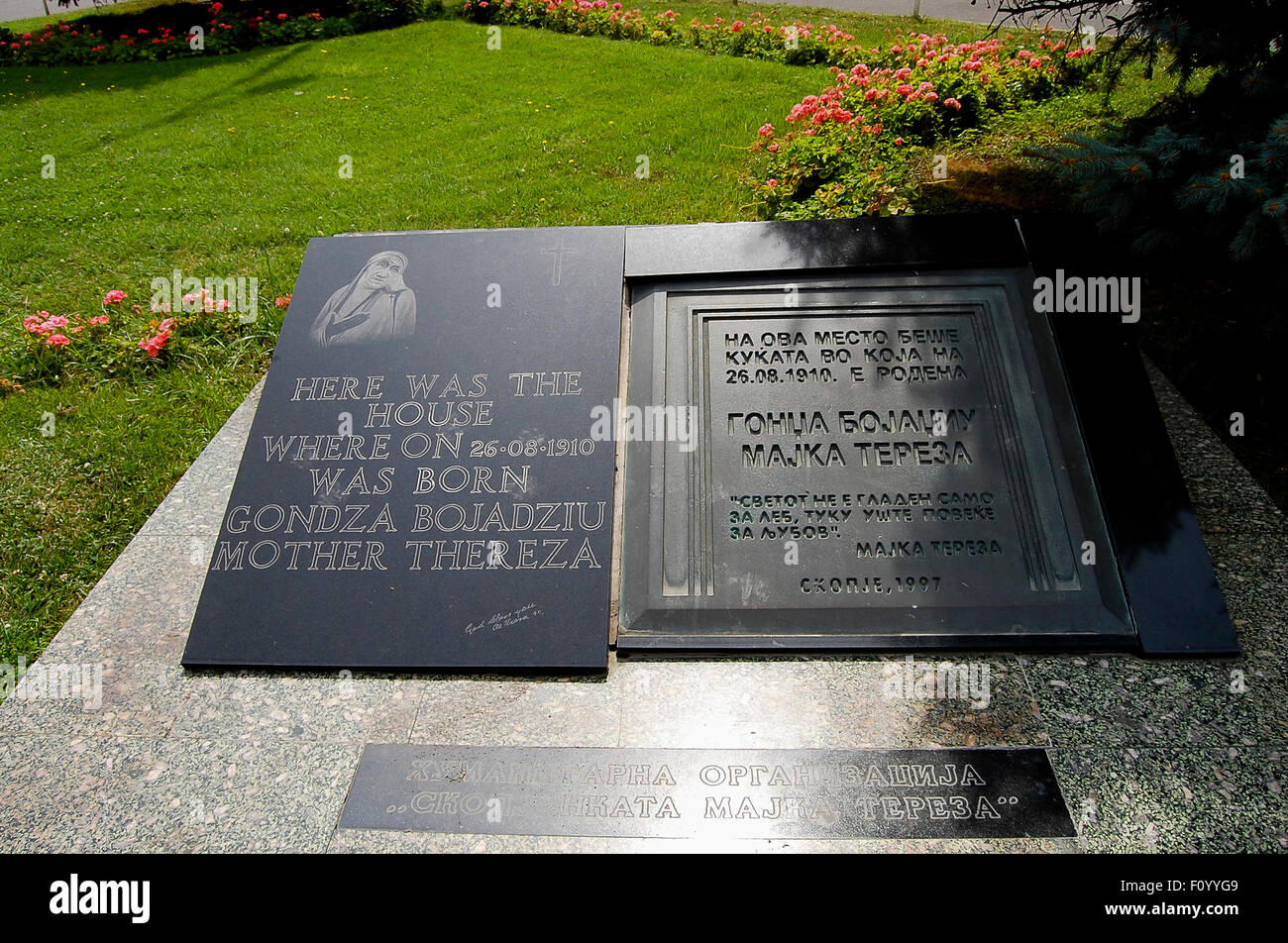 Gedenktafel an das Geburtshaus von Mutter Teresa - Skopje - Mazedonien Stockfoto