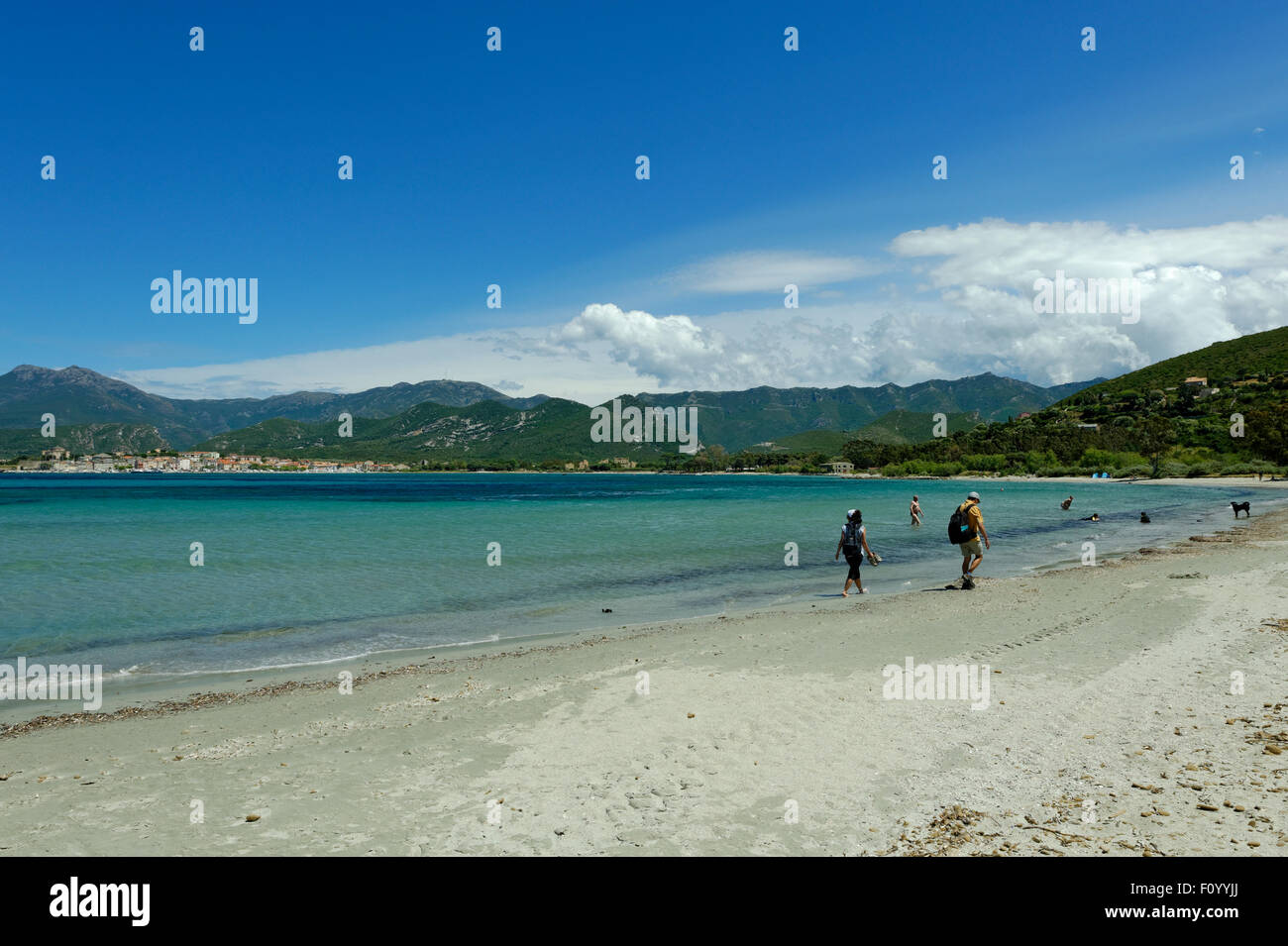 Strand und die Bucht von Saint Florent, Nebbio, Nordküste, Haute-Corse, Korsika, Frankreich Stockfoto