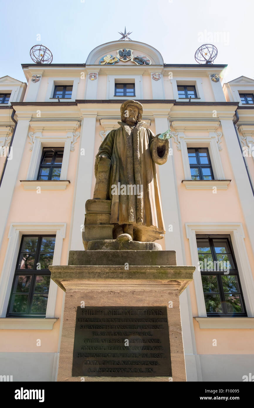 Statue von Philipp Melanchthon am Egidienplatz, Sebalder Altstadt, Nürnberg, Mittelfranken, Franken, Bayern, Deutschland Stockfoto