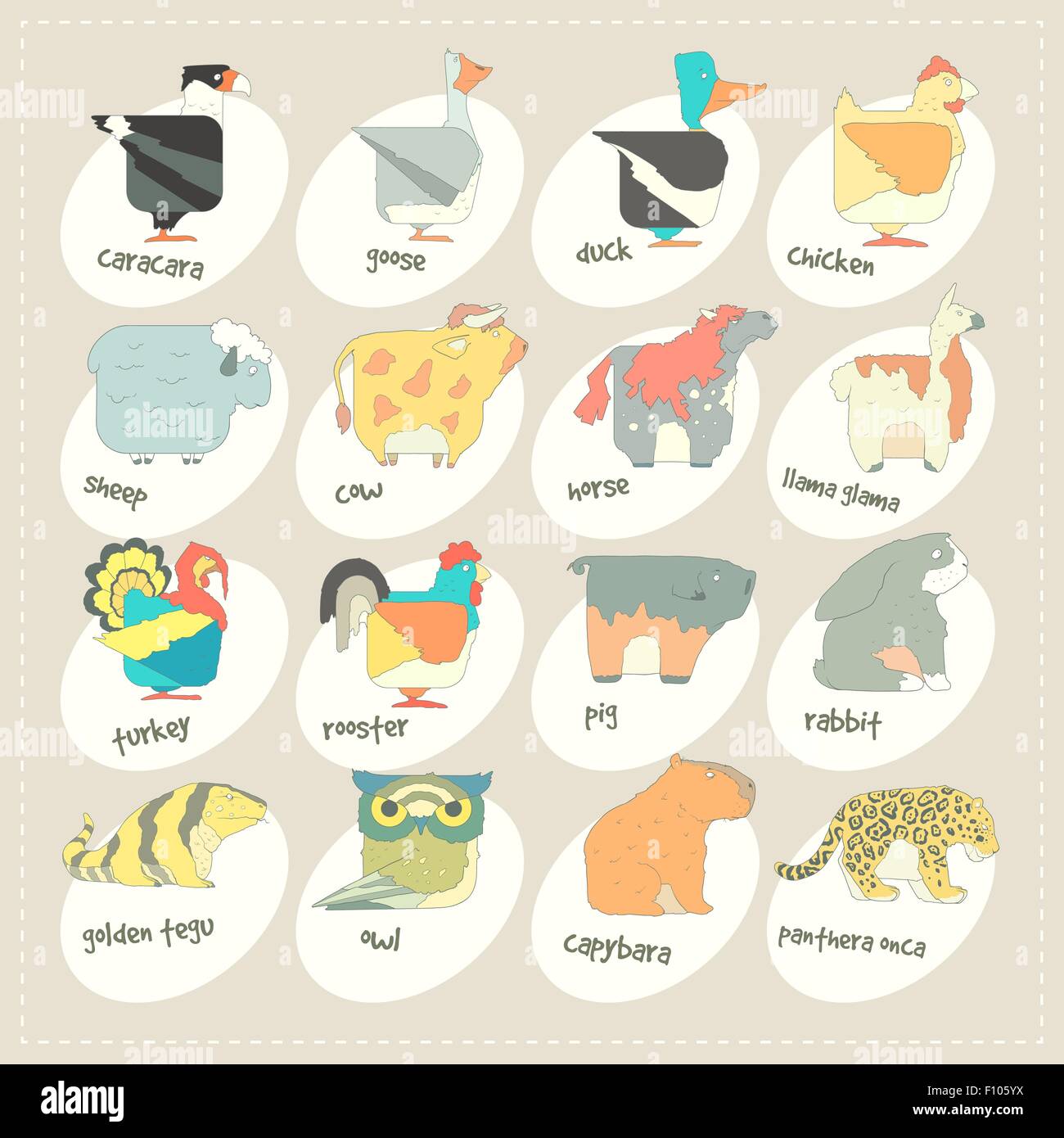 Flaches Design-Vektor-Tiere-Icon-Set. Zoo-Kinder cartoon-Sammlung. Stock Vektor