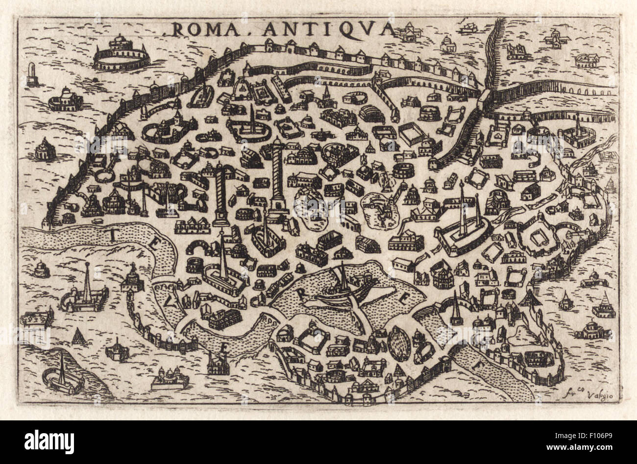 "Roma Antiqva" Ansicht von Rom ca. 1580 graviert und von Francesco Valesio (ca. 1560-1640) unterzeichnet. Siehe Beschreibung für mehr Informationen. Stockfoto