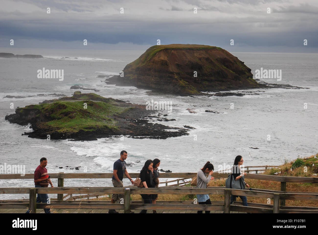 Die Menschen gehen im Steg mit Dichtung Felsen im Hintergrund. The Nobbies, Phillip Island, Victoria, Australien. Stockfoto