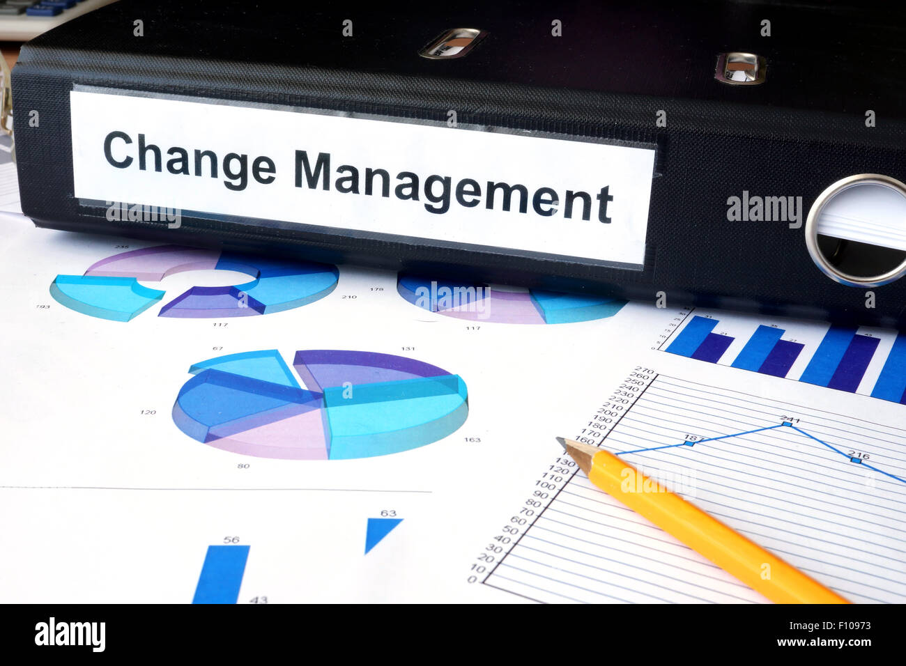 Grafiken und Datei-Ordner mit Label Change Management. Business-Konzept. Stockfoto