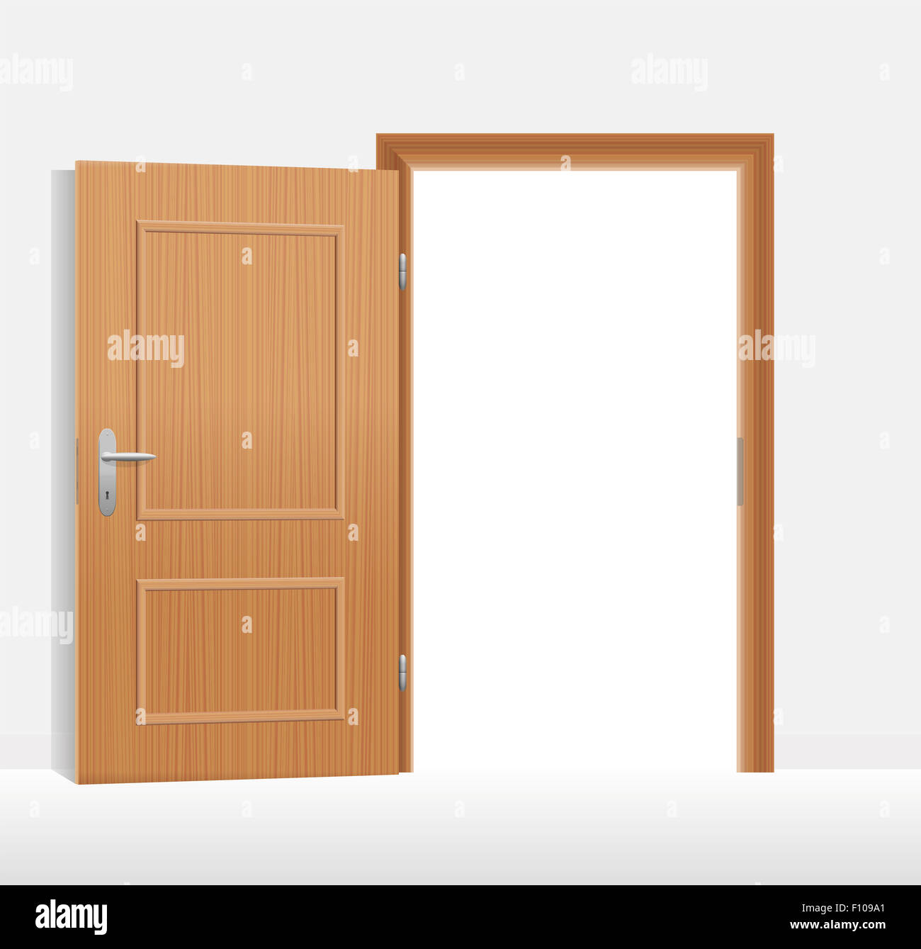 Beispiel für eine offene Tür zu einem hellen weißen Raum. Stockfoto