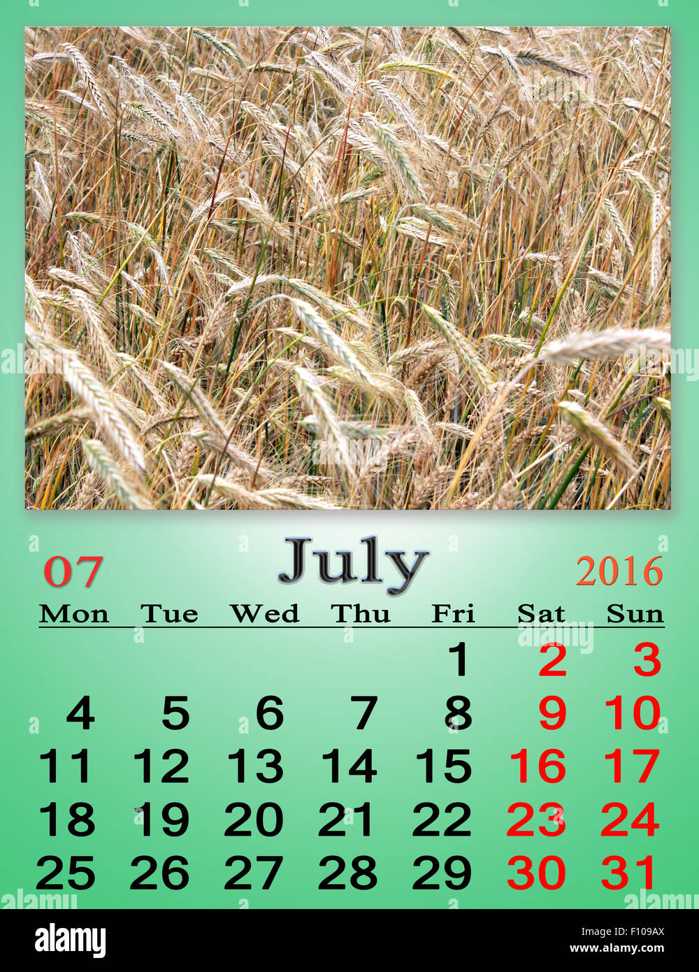 Kalender für Juli 2016 mit Reifen Weizenfeld Stockfoto