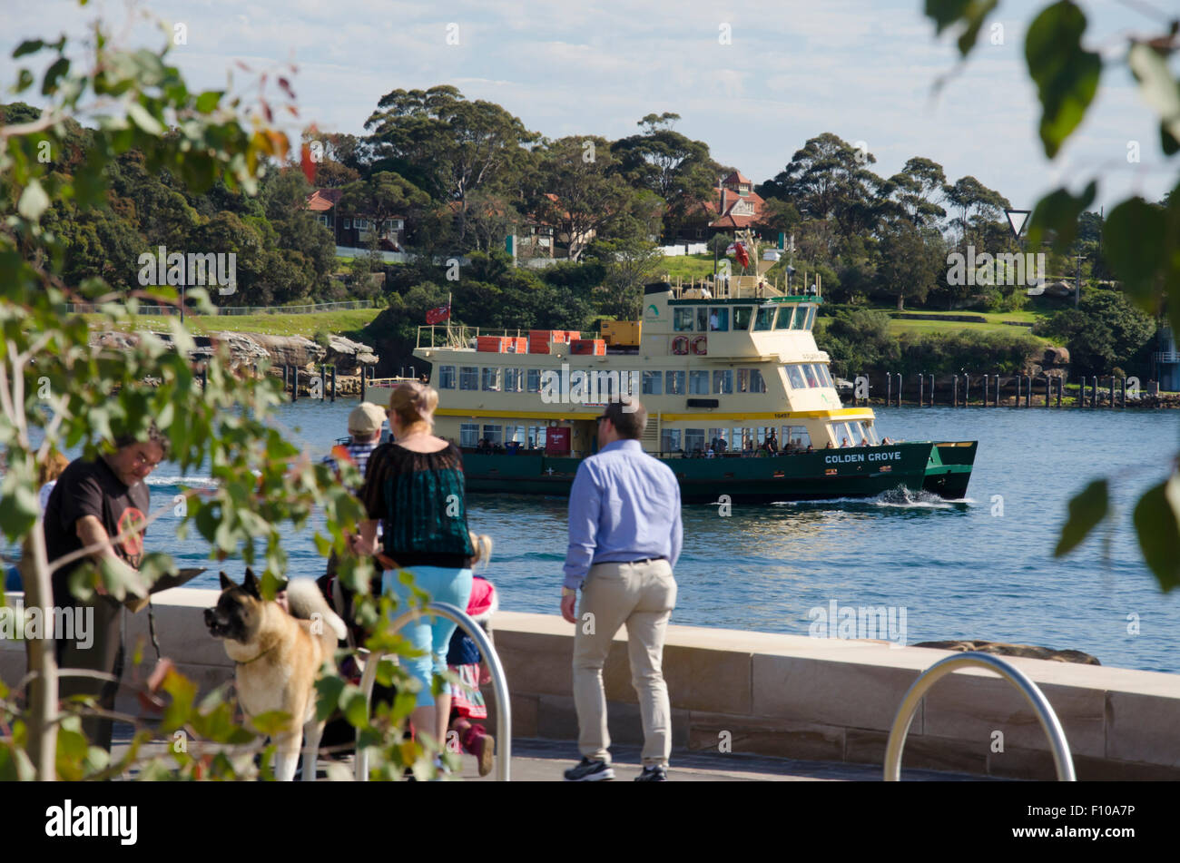 2015. August: Menschen, die das sonnige Wetter bei der Eröffnung des Barangaroo Headland Reserve am Ufer des Sydney Harbour in Australien genießen Stockfoto