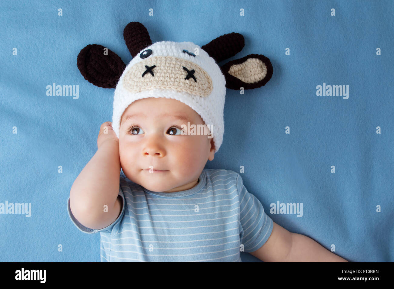 Baby in einem Kuh-Hut auf blaue Decke Stockfoto