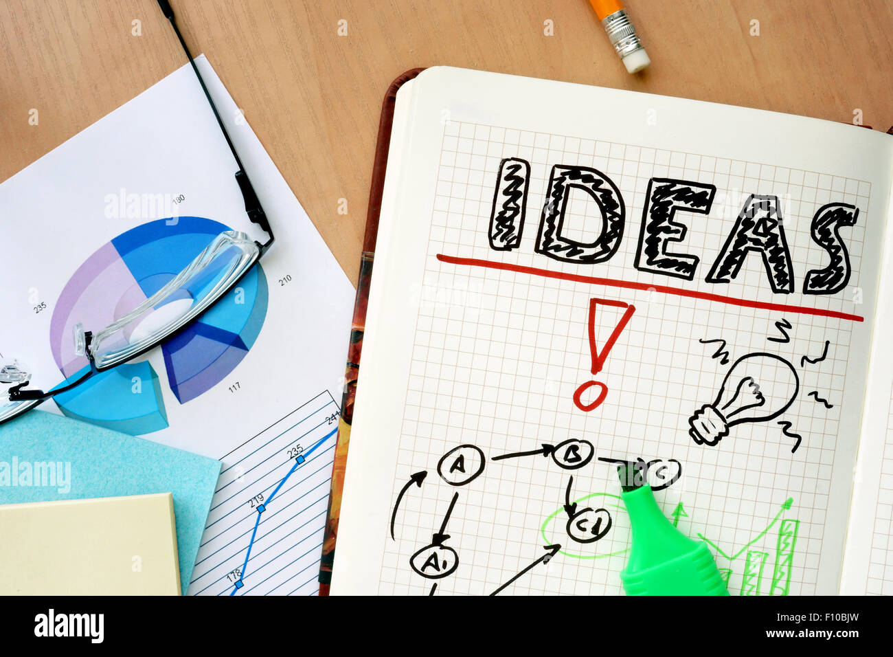 Notizblock mit Wort Ideen Konzept und Gläser Stockfoto
