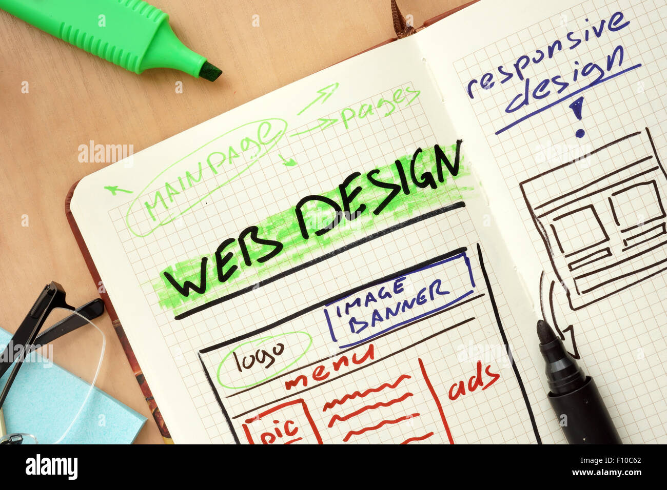 Notizblock mit Wort-Web-Design-Konzept und Gläser Stockfoto