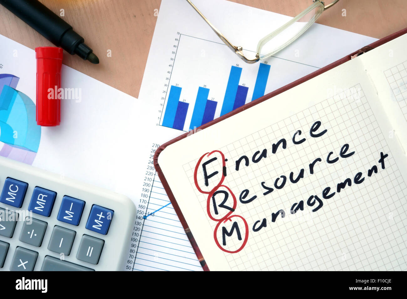 Notizblock mit Wort FRM Finanzen-Ressource-Management-Konzept und Marker. Stockfoto