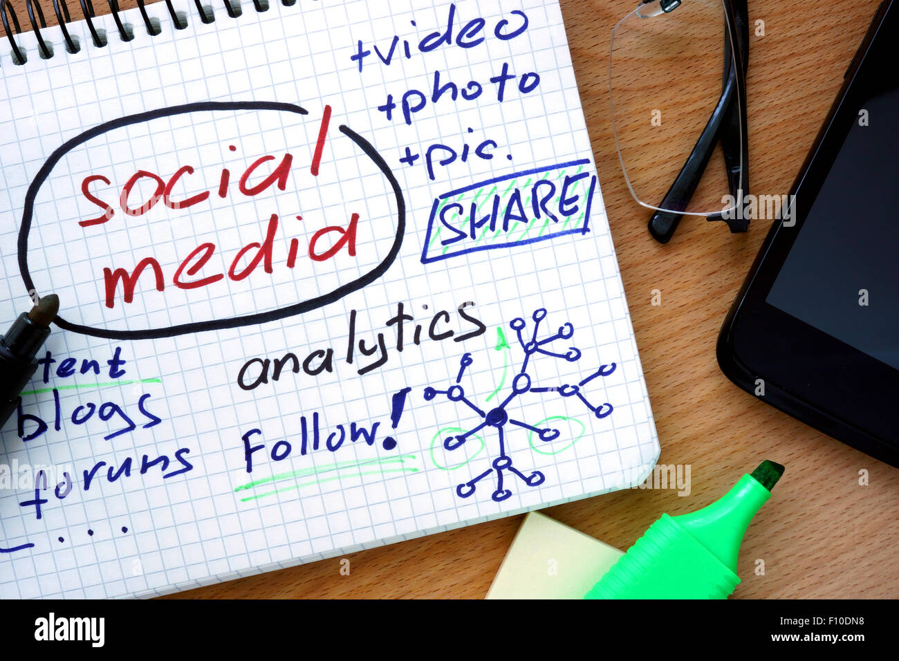 Notizblock mit Worten social Media Analysen auf einem hölzernen Hintergrund Stockfoto