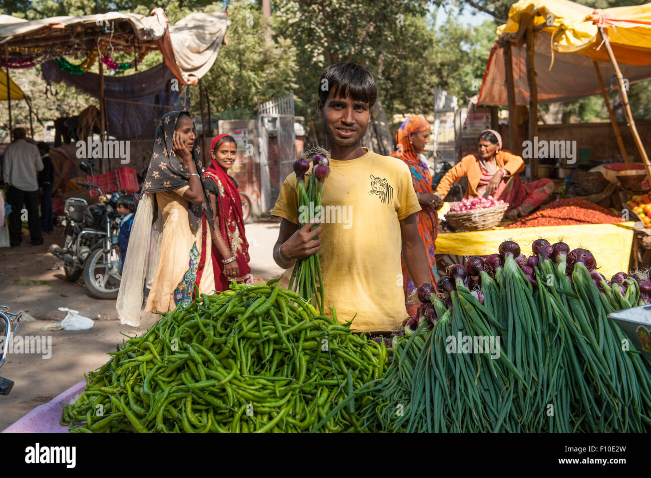 Rajasthan, Indien. Ranthambore Nationalpark. Junger Mann Zwiebeln mit Tiger-t-Shirt am Markt zu verkaufen. Stockfoto