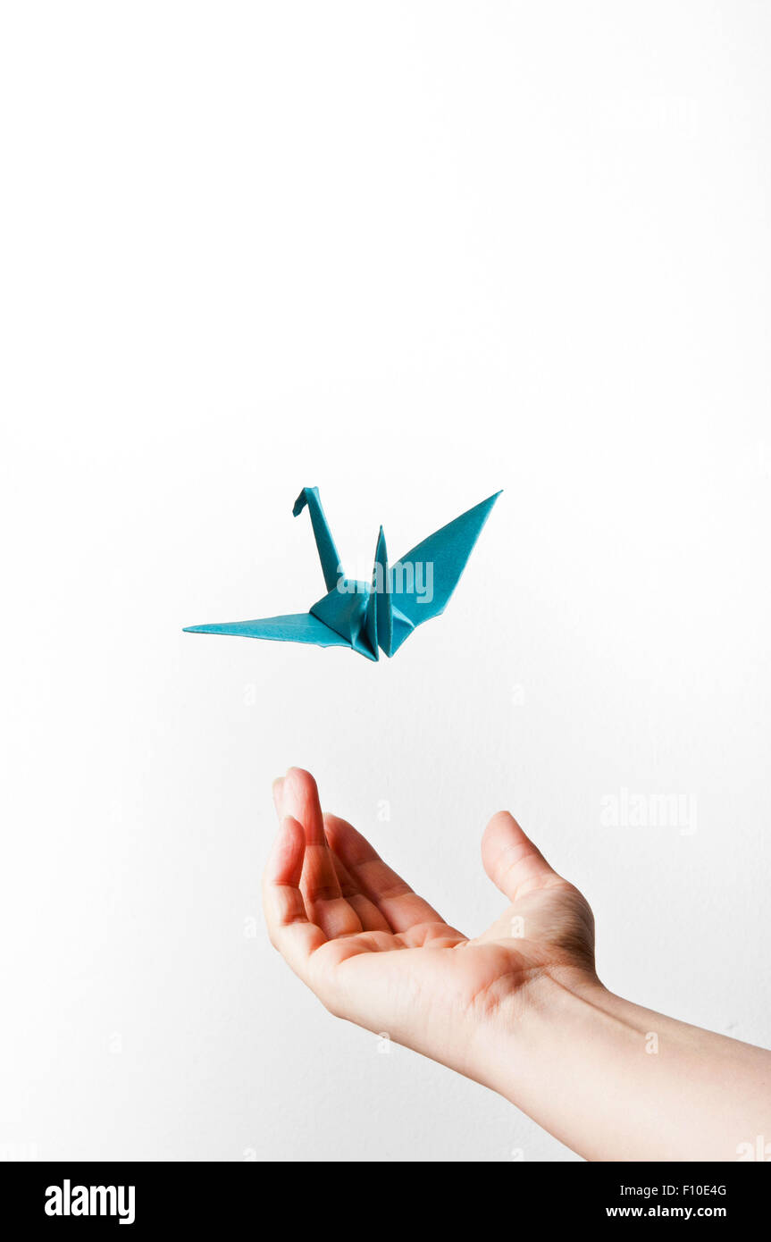 Öffnen Sie weibliche Hand und Origami Vogel wegfliegen, Phantasie und Kreativität-Konzept Stockfoto