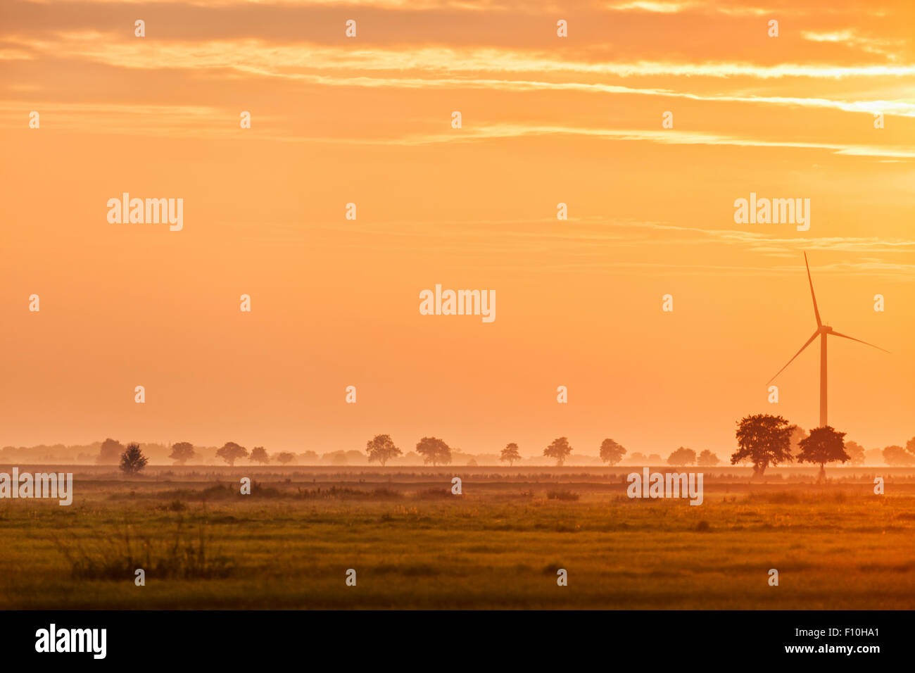 Norddeutschland Sumpf-Landschaft bei Sonnenuntergang, Windkraftanlage am Horizont Stockfoto