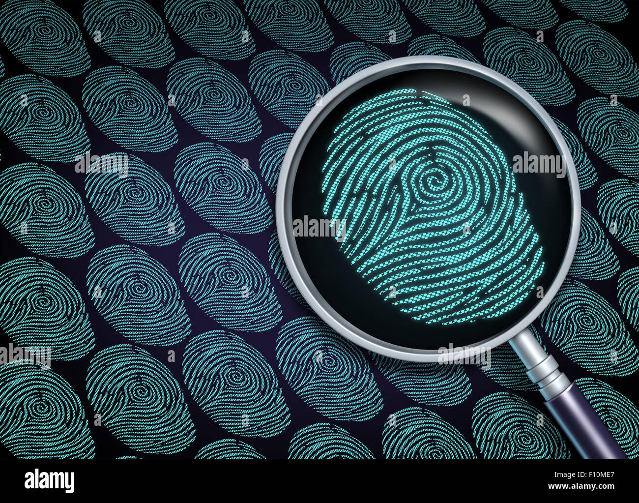 Identität suchen Konzept oder wählen den richtigen Mitarbeiter als Rekrutierung und human resources-Symbol mit der Lupe in einem engen von einem Fingerabdruck oder Fingerabdruck als Sicherheit Informationen Technologie Metapher. Stockfoto